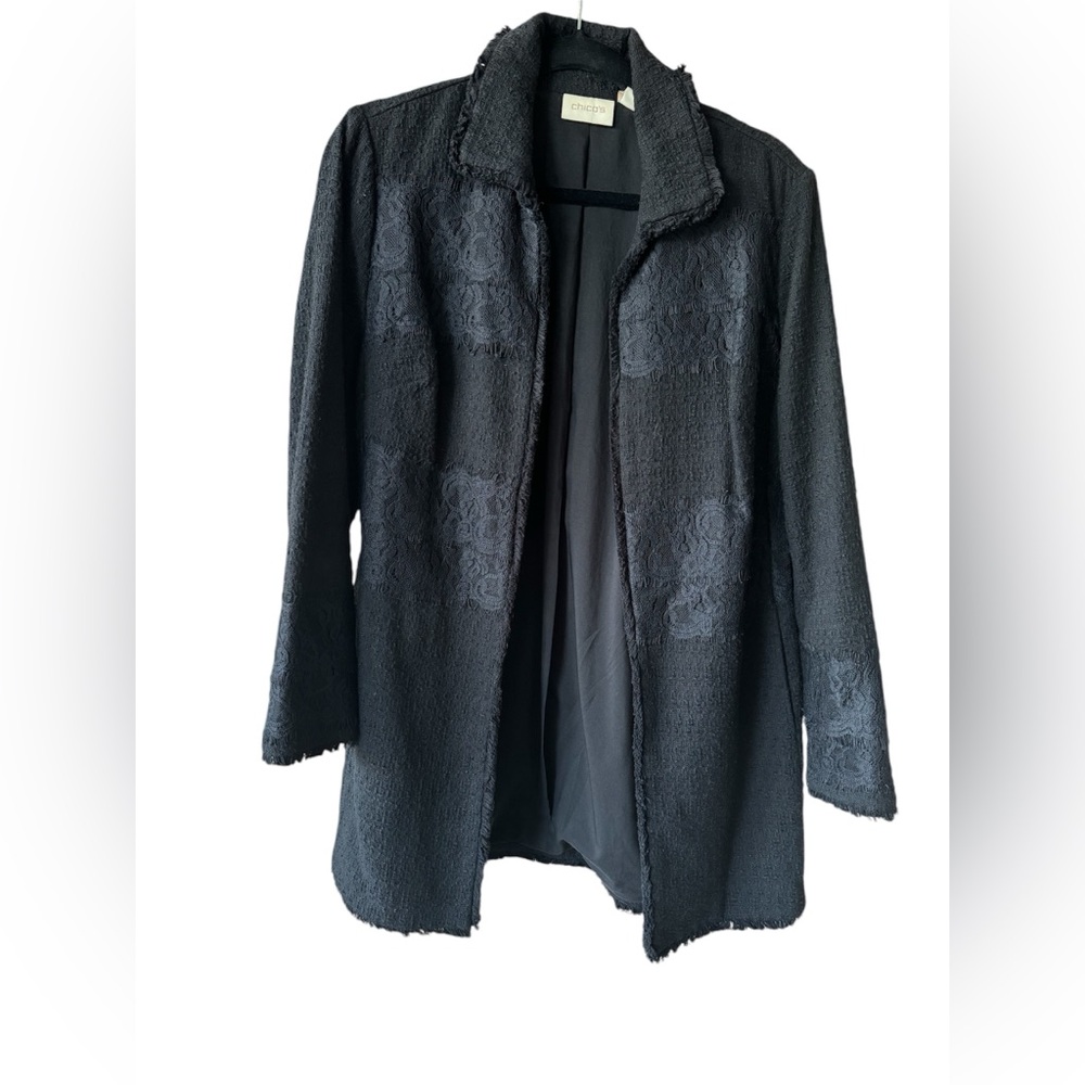 Chicos long tweed and lace jacket
